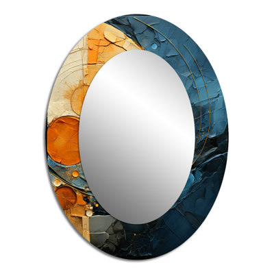 Gold Teal Abstract Spirals I - Modern Oval Wall Mirror