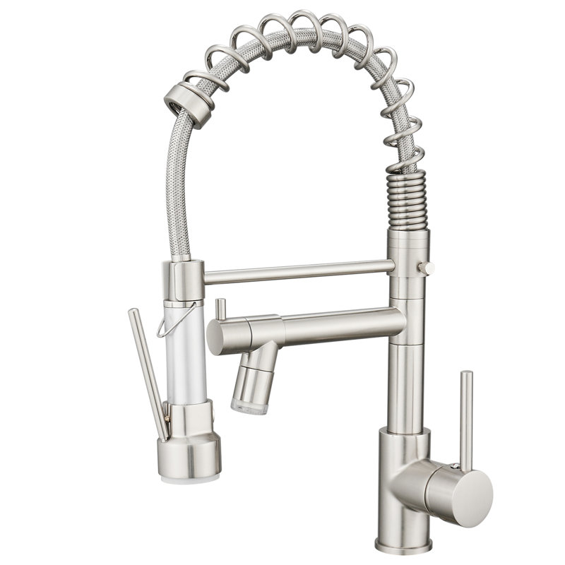 Élégant robinet de cuisine rétractable à DEL en nickel brossé, poignée simple, bec rotatif à 360 degrés, robinet à double jet avec douchette rétractable, nickel, pivot, double