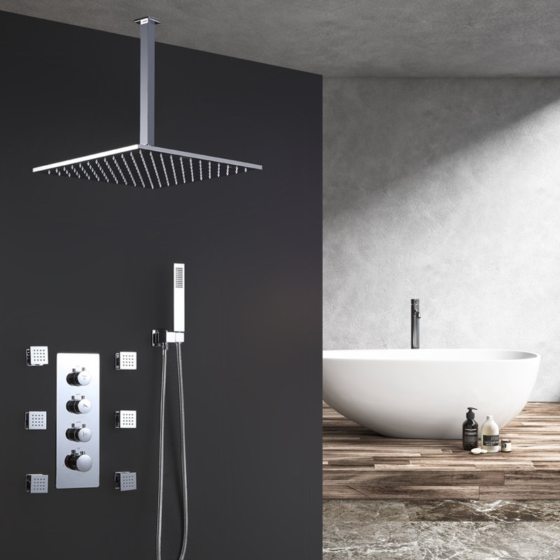 Luxury Ceiling Mounted Thermostatic Shower System With Hand Shower And Body Jets, Polished Chrome