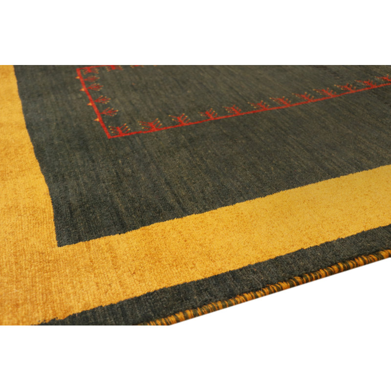 Hand-Knotted Dark Green and Yellow Wool Area Rug
