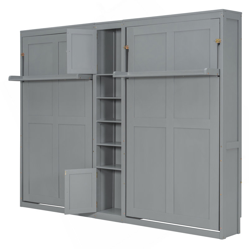 Lits simples escamotables doubles avec armoires et tablettes, gris