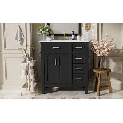Meuble-lavabo simple Belmont de 76 cm (30 po) en gris pierre avec comptoir en céramique blanche, portes de style Shaker et rangement à fermeture amortie