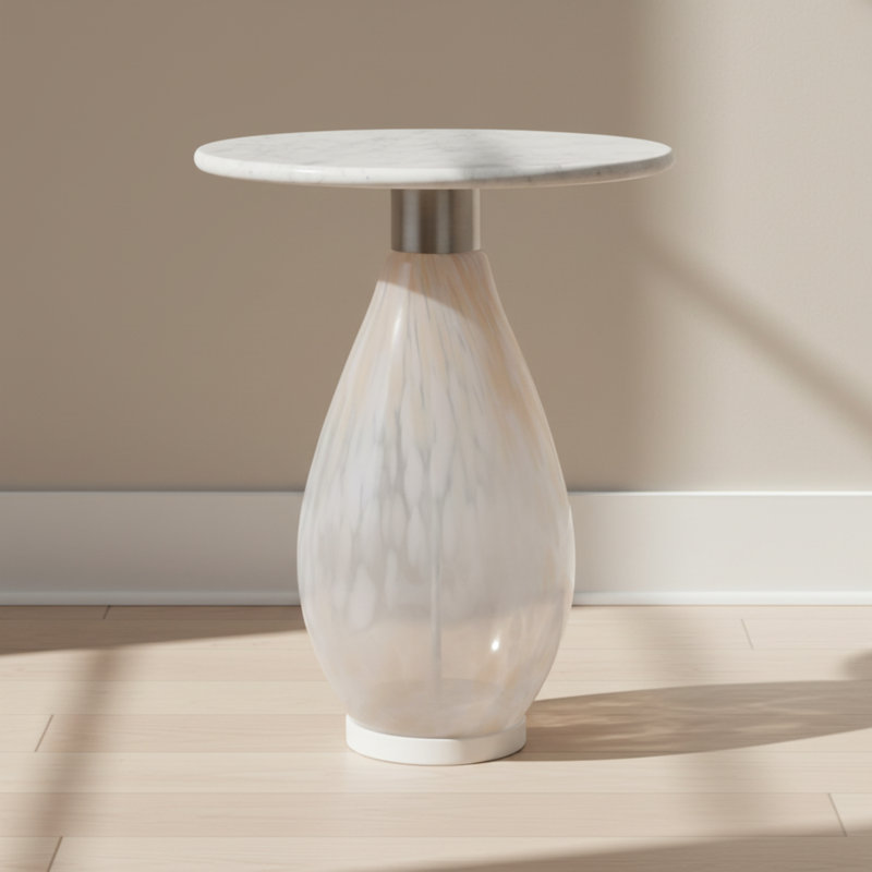 Table d'appoint avec plateau en marbre et base en verre artistique - Table de bout étroite pour la chambre à coucher ou le vestibule - Meuble décoratif rond contemporain - Blanc