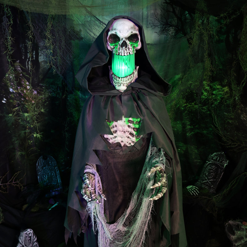 Faucheuse debout d'Halloween de 5,5 pieds avec bougie mobile et lumière DEL verte Haunted Hill Farm