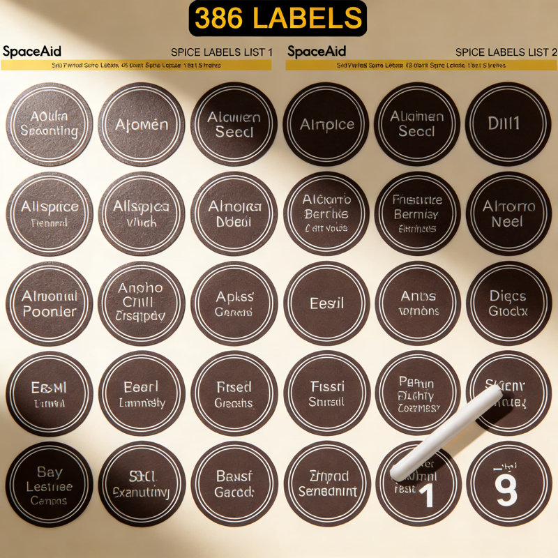 Ensemble complet de rangement à épices avec 21 pots en verre, 386 étiquettes, entonnoir et marqueur à craie - armoire à 3 niveaux, comptoir ou solution de rangement à fixation murale
