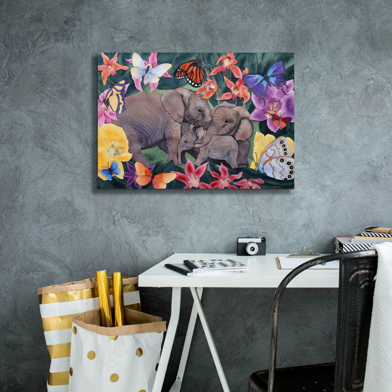 «Elephants and Butterflies» par Carissa Luminess, art mural sur toile, H 18 po x l 26 po x P 0,75 po