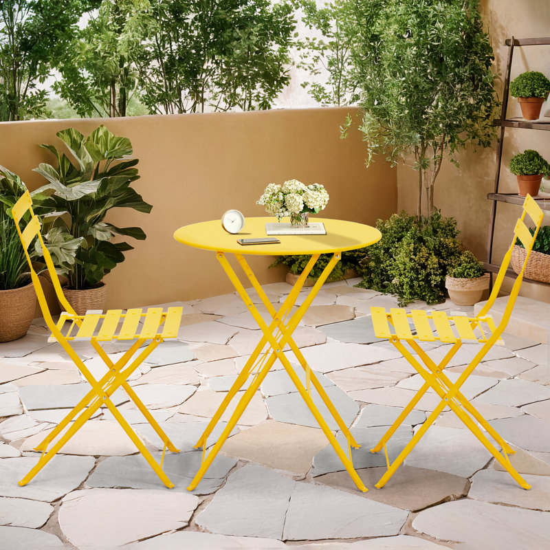 Anshu Iron Table And Folding Chair Set, 2 - Person Round Outdoor Dining Set, Yellow