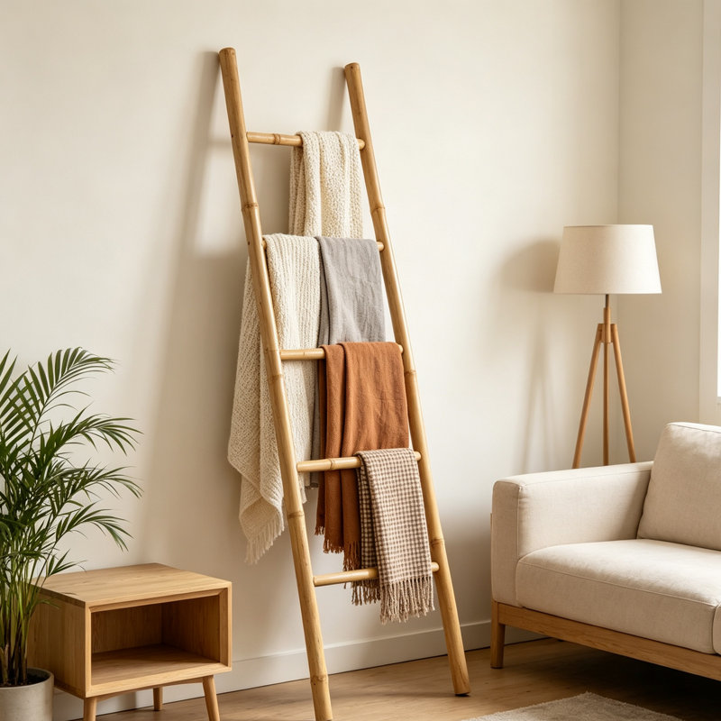 Elegant Freestanding Bamboo Towel Ladder Rack with 5 Rungs