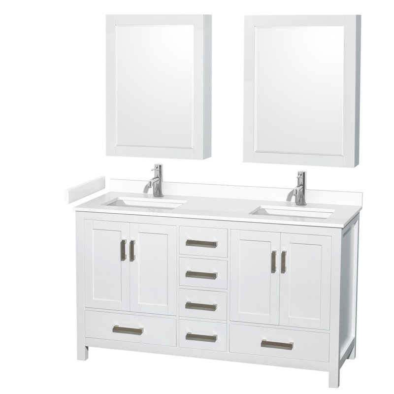 Sheffield 60" Bathroom Vanity Set with Medicine Cabinets, White Cultured Marble, White
