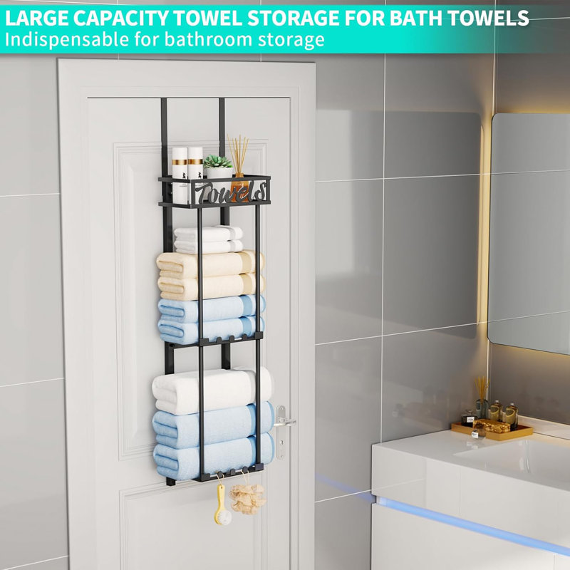 Porte-serviettes sur 3 niveaux avec tablette et crochets - Organisateur de rangement de salle de bain peu encombrant pour serviettes roulées