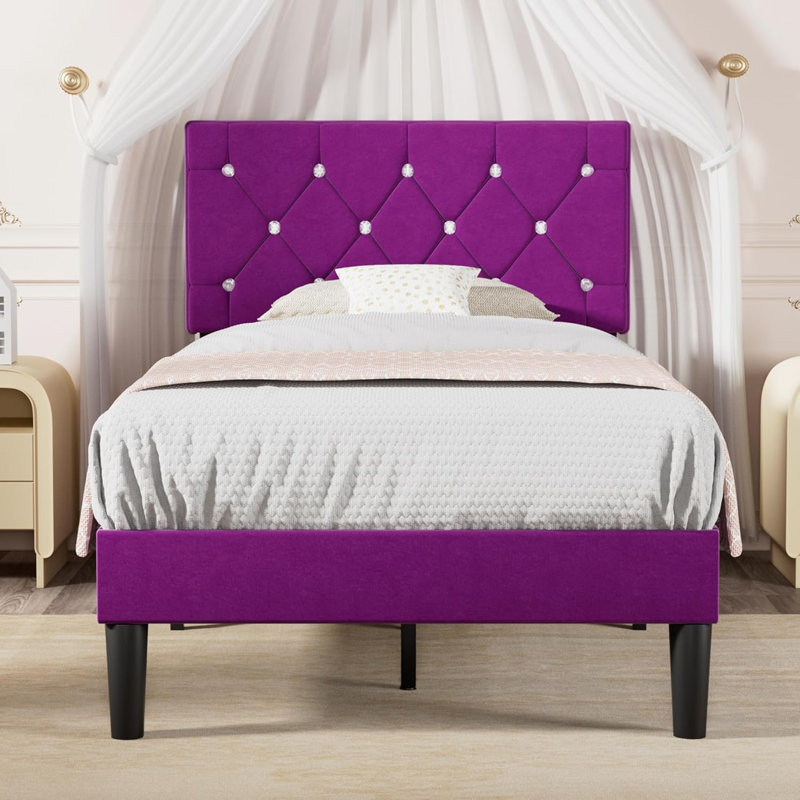 Twin Size Bed Set Upholstered Platform With Adjustable Diamond Tufted Headboard, Purple