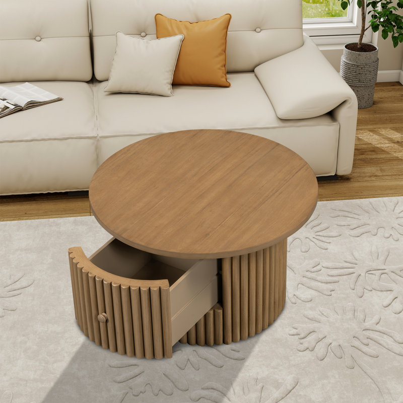 Round Farmhouse Coffee Table With A Drawer, Natural Wood