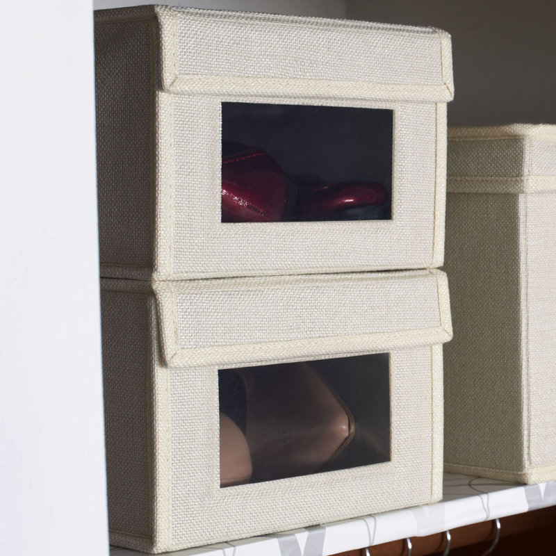 Small Drop Front Shoe Box with Clear Front Panel, Sturdy Poly‑Blended Linen, Cream
