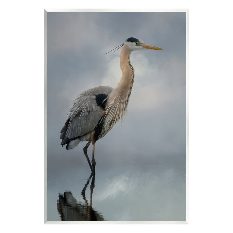 Aigrette perchée, reflet de l'eau - photographie, H 19 po x l 13 po x P 0,5 po, Bois