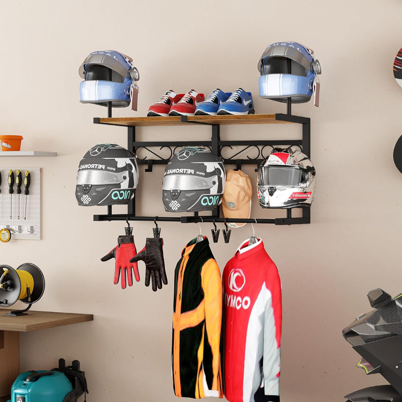 Support mural pour casque de moto, présentoir de rangement avec 4 pinces à gants et 6 crochets