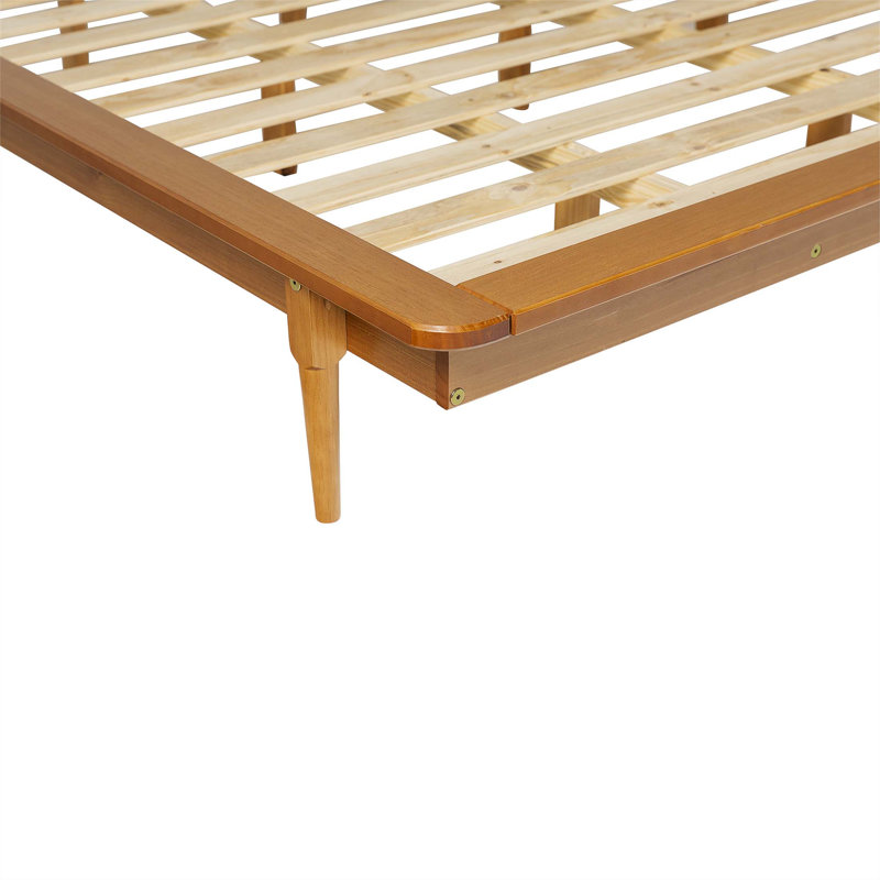 King-Size Mid-Century Modern Solid Pine Platform Bed - Walnut Finish