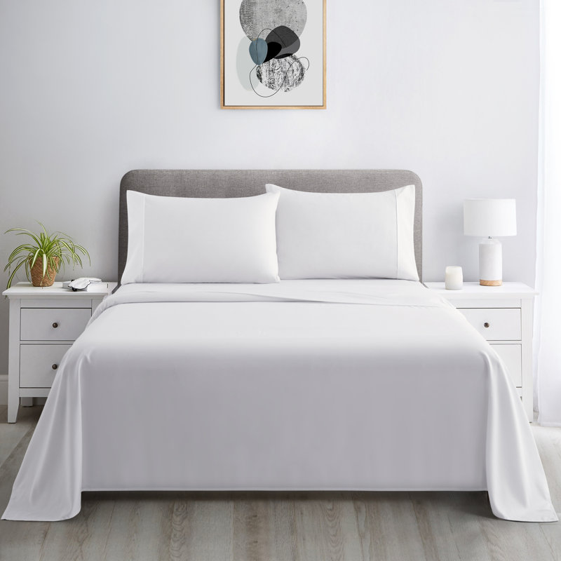 Ensemble de draps en coton 3 pièces avec housse de coussin Marina, Ensemble de draps pour lit simple + 1 taie d'oreil, Blanc