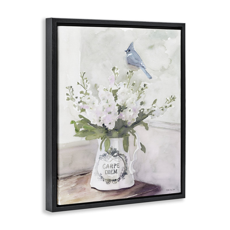 «Blue Cardinal on Spring Bouquet Carpe Diem» par Stellar Design Studio, Cadre flottant noir de jais, H 21 po x l 17 po