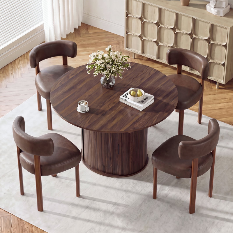 Extendable Dining Set, Noyer, Ensemble de cinq pièces : table, quatre chaises, Marron foncé