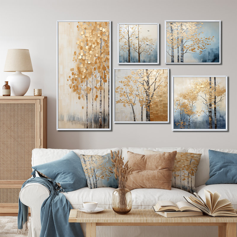Minimalisme Golden Trees Harmony III - Ensemble de 5 reproductions d'art mural Trees, Cadre flottant blanc