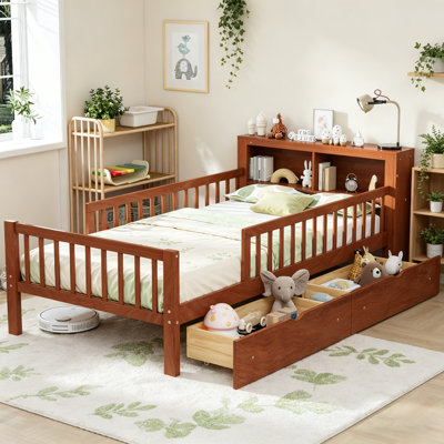 Lit simple avec rangement pour tête de lit, tiroirs sous le lit et garde-corps à trois côtés pour plus de sécurité
