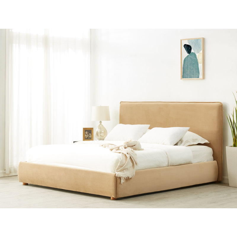Queen Light Brown Velvet Upholstered Bed with Headboard