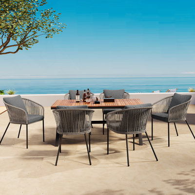 7 Pieces Patio Dining Set, All-Weather Outdoor Furniture Set With Dining Table And Chairs, Acacia Wood Tabletop, Metal Frame, For For Garden, Backyard, Balcony, Grey