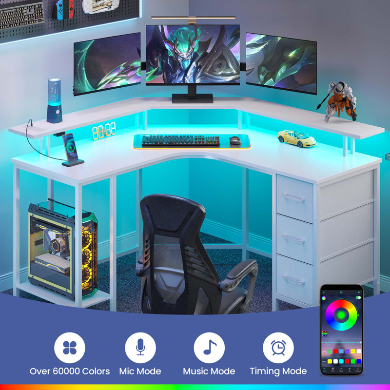 L Shaped Desk with LED Lights & Power Outlets, Computer Desk with Full Monitor Shelf, White