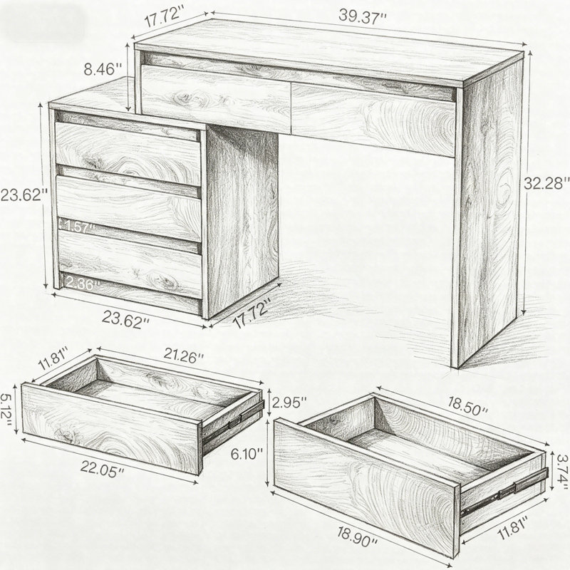 Computer Desk With 5 Drawers, 63" Executive Home Office Desk With File Cabinet Storage, Brown