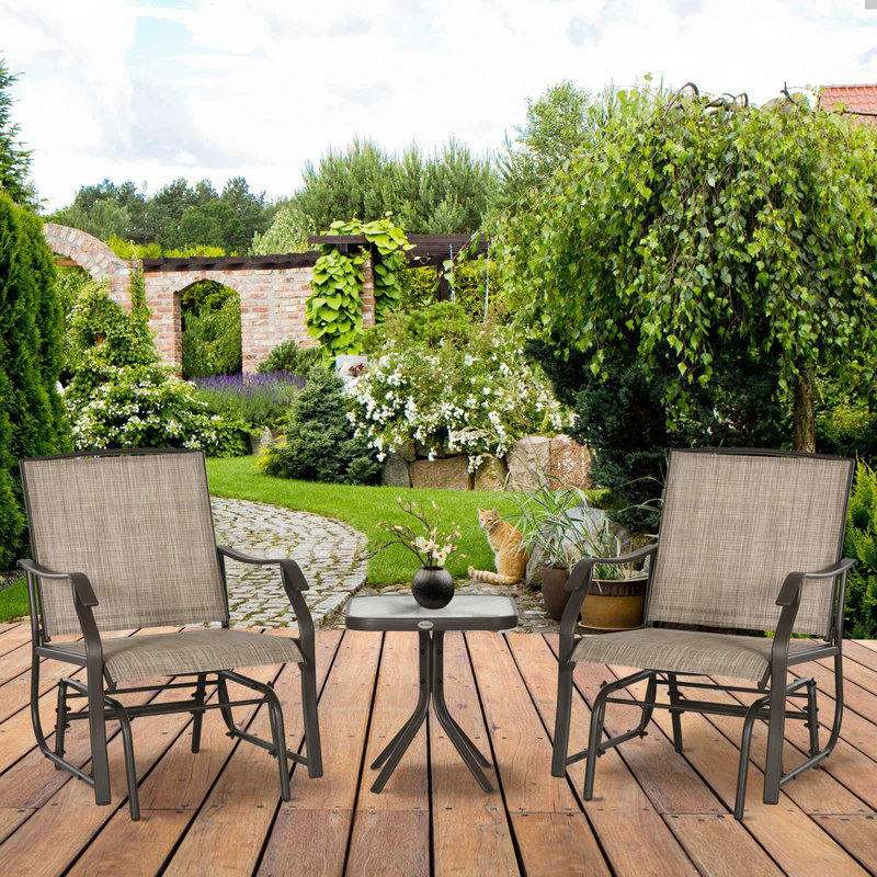 3 Piece Outdoor Glider Chair Set With Coffee Table, Breathable Sling Fabric, And Glass Top For Patio, Garden, And Porch