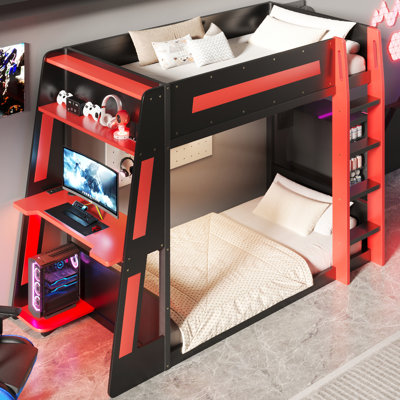 Twin Size Wooden Gaming Bunk Bed with Desk, Storage Shelves, USB Charging Port & Built-In LED Light,Black+Red