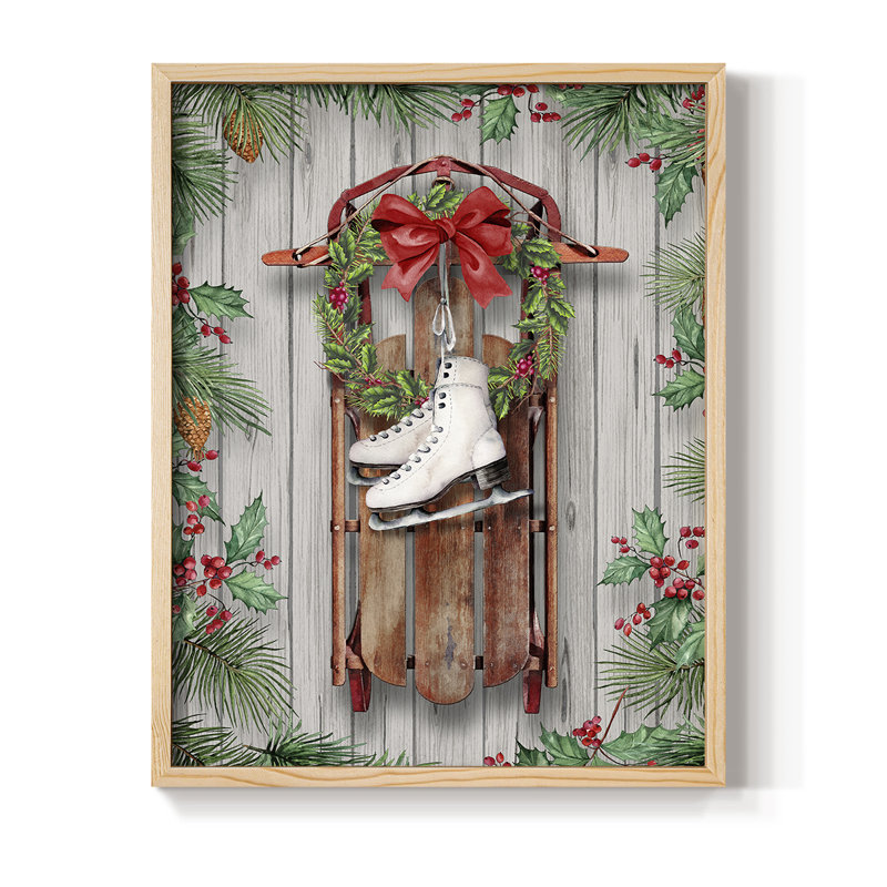 Impression encadrée traîneau et patins - bois massif, Naturel, H 21 po x l 17 po