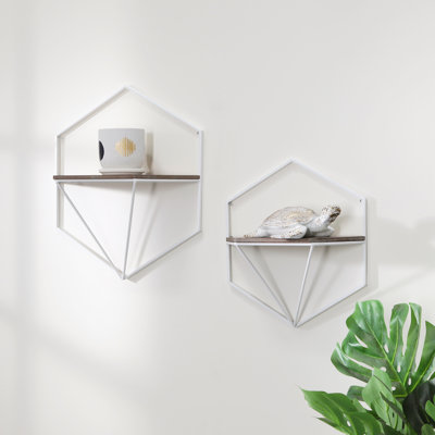 Clyde Wall Storage Shelves Metal Wood Iron MDF Geometric Frame Design Finish Home Office Bedroom Living Room Use Set of 2