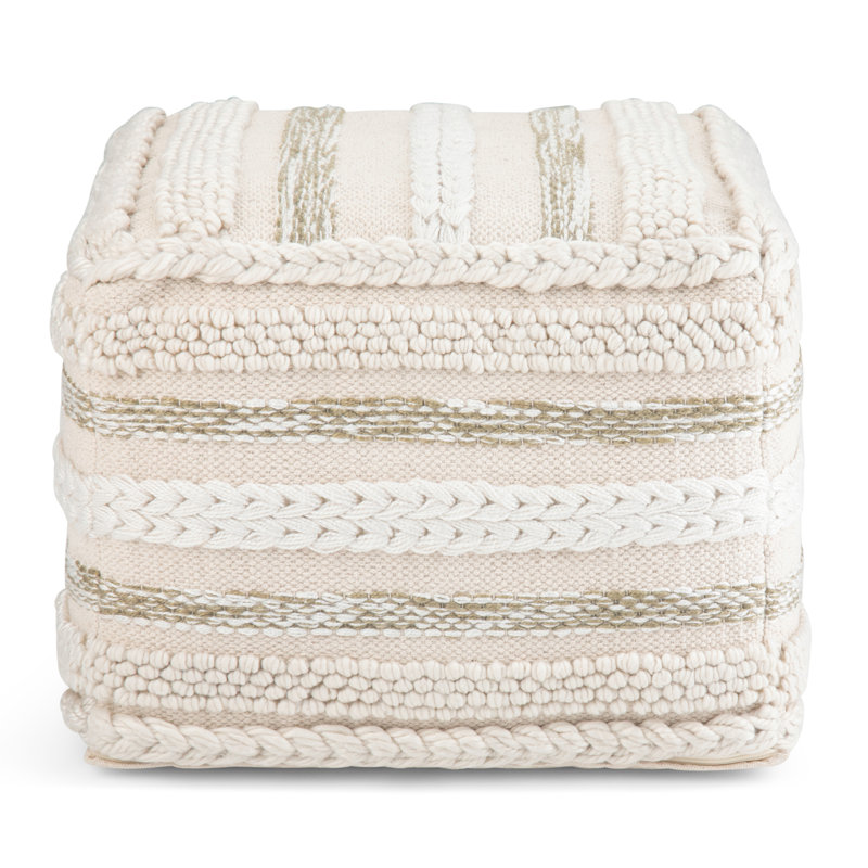 Sommer 18"W Upholstered Handloom Woven Cotton Boho Square Pouf in Natural, Natural Cotton/Polystyrene Filling
