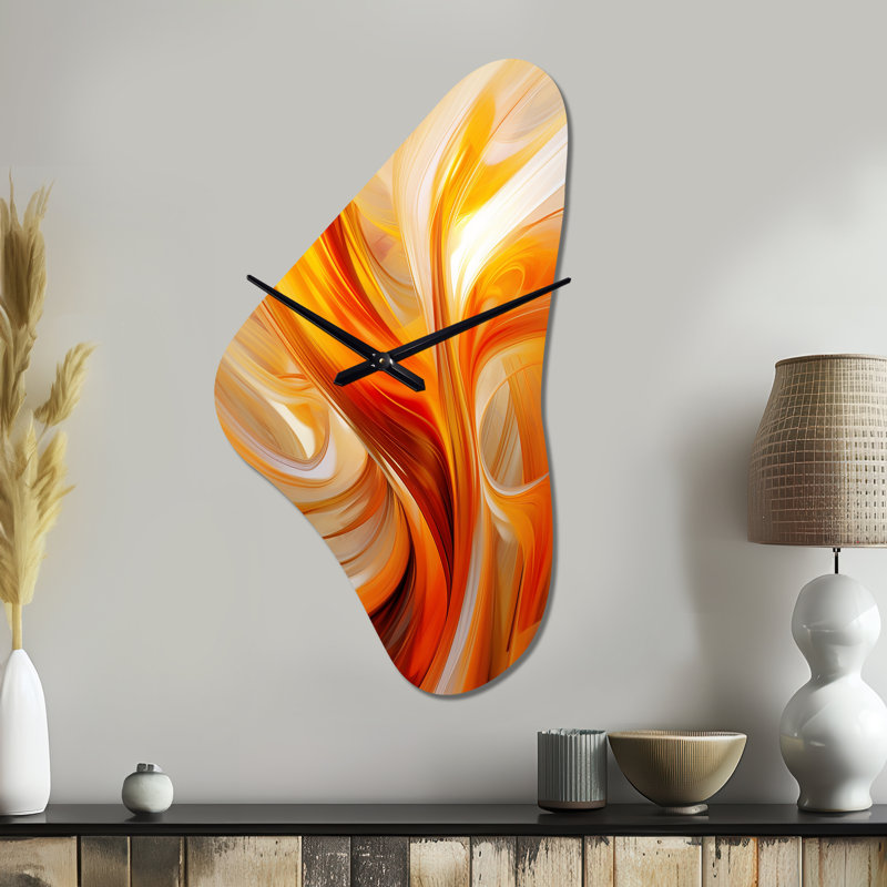 Orange Abstract Warm Fractal Design VII - Fractals Unique Shape Metal Wall Clock, Modern Freeform Wall Clock Print, Large