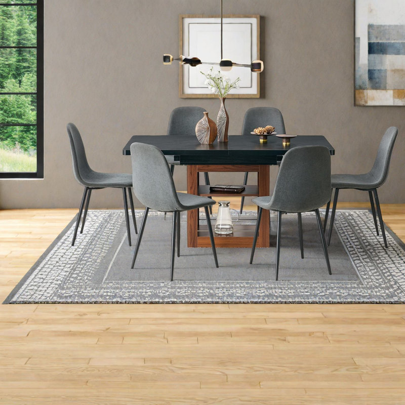 Expandable Dining Table Set With Storage, Modern Dark Grey Linen And Mdf
