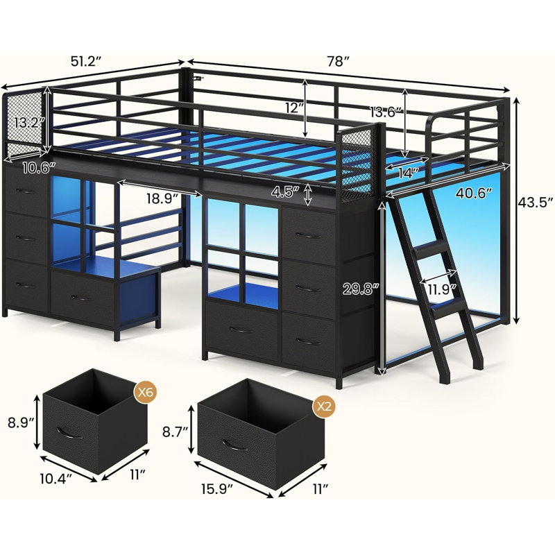 Lit superposé simple simple au-dessus de simple avec 8 tiroirs en tissu et bibliothèque, lits superposés de taille simple avec lumières DEL, fenêtres avec échelle inclinée, barrières de sécurité de 13,4 po, lits superposés en métal peu encombrants