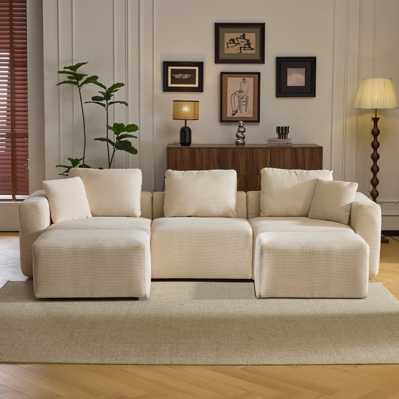 Canapé modulaire en velours côtelé avec pouf de 110 po Boneless, Velours côtelé blanc cassé
