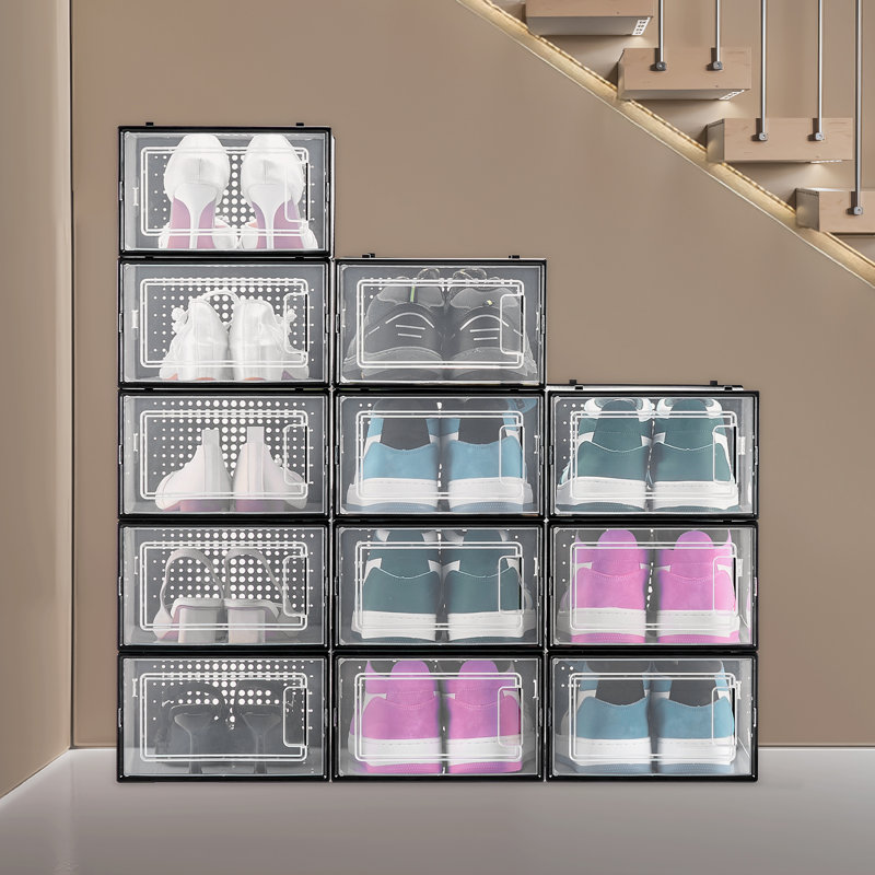 Shoe Storage Boxes 12 Pack Stackable Shoe Storage Organizers US Size 11, Black;Clear