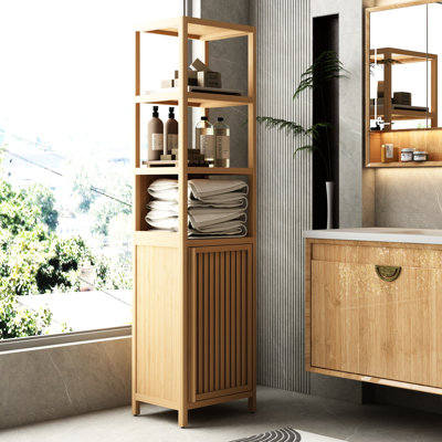 Natural Linen Tower - Tall Slim With Shutter Door And 3 Tier Shelves Home Storage Solution Freestanding Holder Compact For Living Room, Kitchen, Bathroom Organization