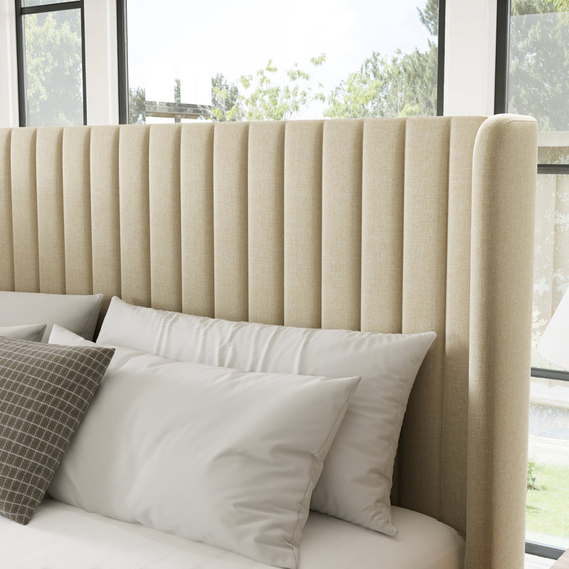 Queen Size Upholstered Platform Bed with Wingback Headboard and Wooden Slats, Beige, Queen
