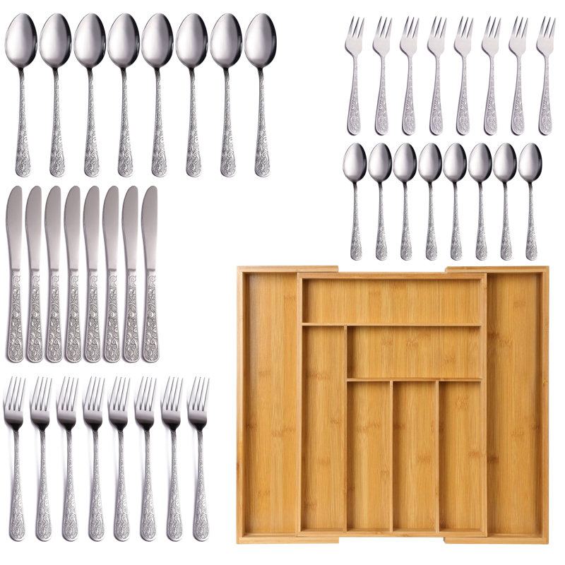 40 Piece Forged Flatware Set With Extra Large Adjustable Bamboo Cutlery Storage Box,Service For 8
