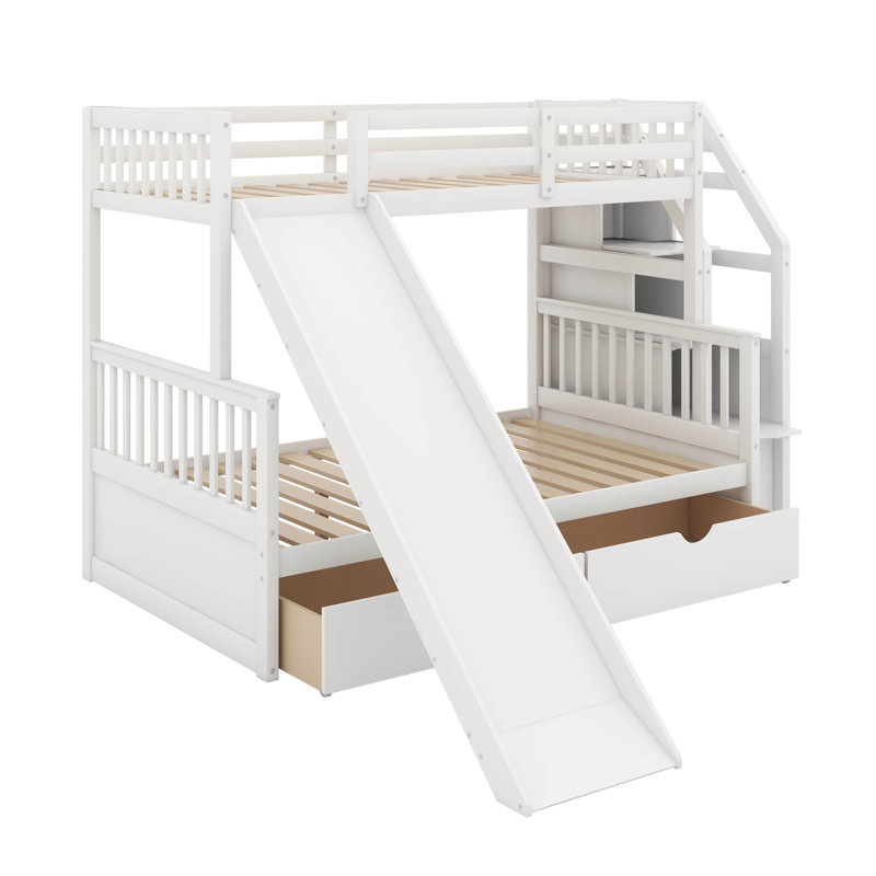 Twin Over Full Bunk Bed With Drawers And Slide, White