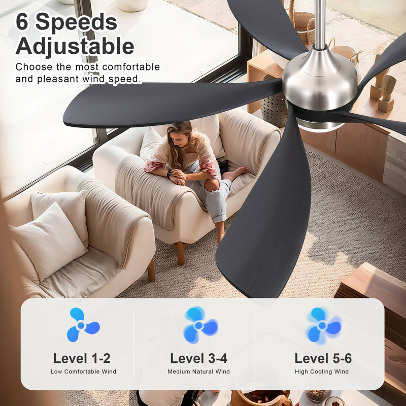  Ventilateur de plafond intelligent moderne de 52 po avec lumière, moteur à courant continu silencieux à 6 vitesses et télécommande à DEL 3 couleurs avec minuterie, noir