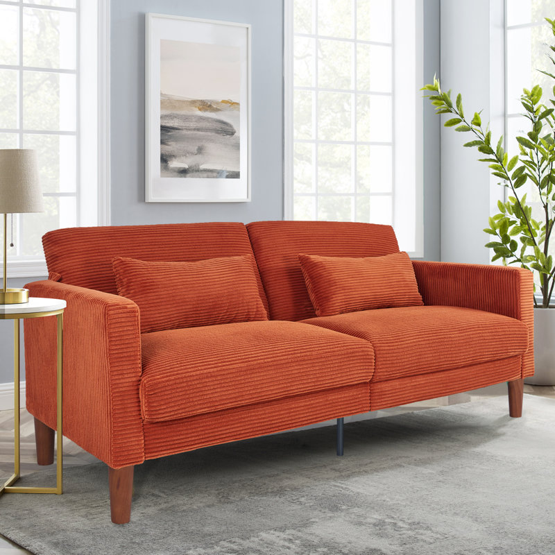74Inch Corduroy Vertical Stripe Upholstered Sofa, Orange