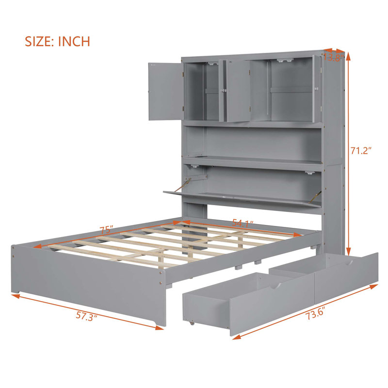Lit plateforme double en bois avec USB, tête de lit et tiroirs de rangement, gris