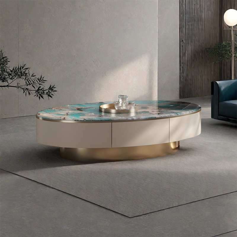 Light luxury oval marble coffee table, Gold, 15.7" H x 47.2" L x 23.6" W