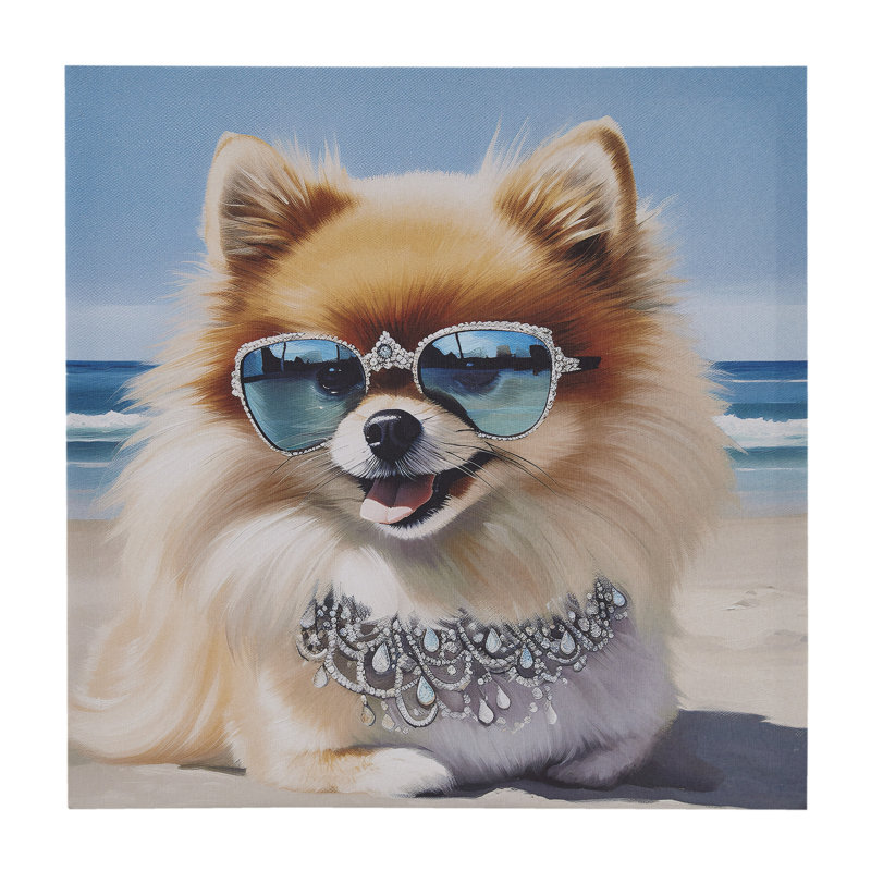 Playful Pomeranian Beach Day Canvas Wall Art in Multicolor