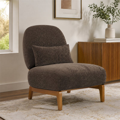 Modern armless high-back lounge chair with a curved wooden base, linen cushions, and lumbar support, suitable for living room, bedroom, or reading cor