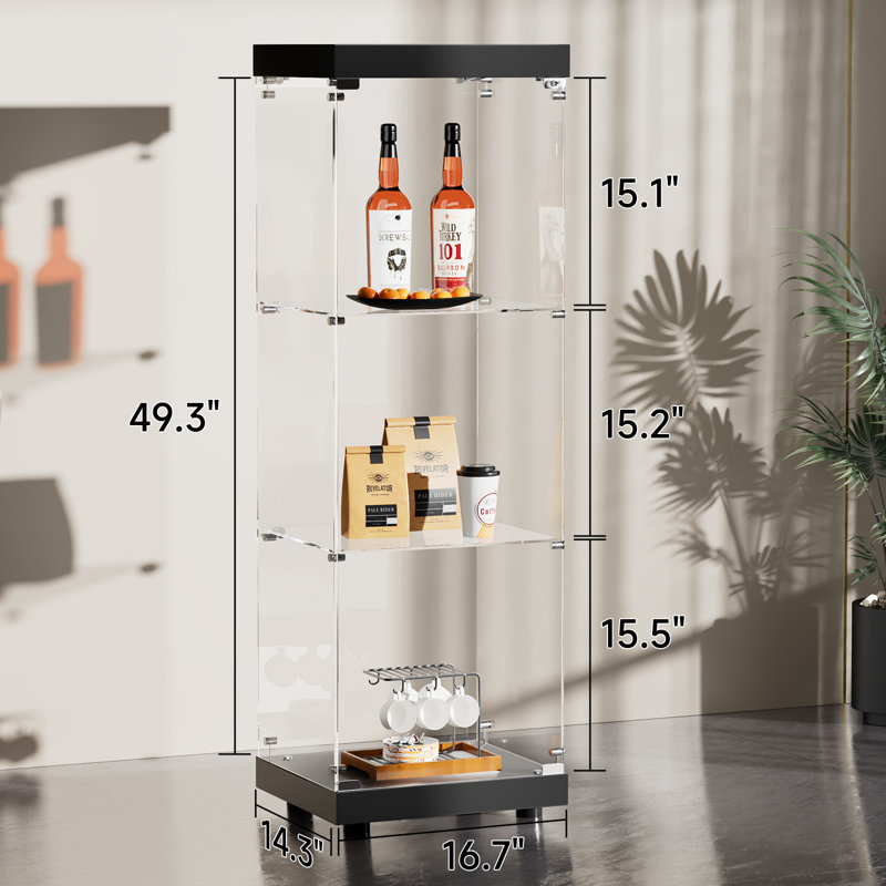 Single Door, Three Shelves Glass Storage Cabinets, Black